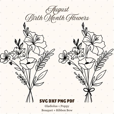 August Birth Month Flower Bouquet With Bow SVG PNG, Ribbon Coquette ...