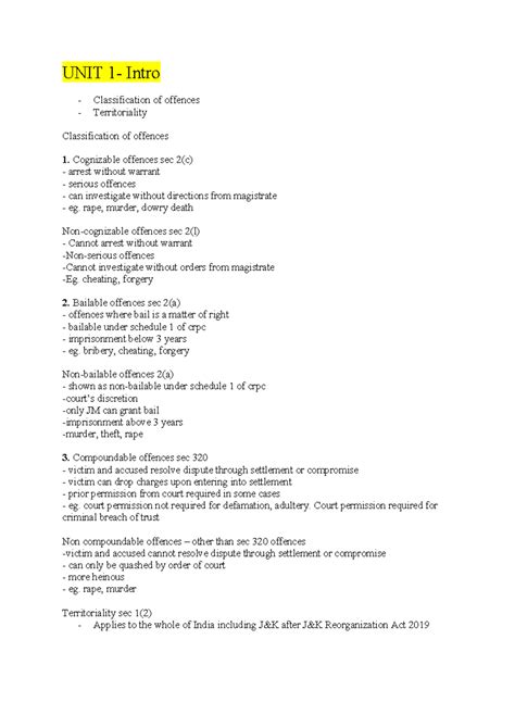 Crpc mid sems - crpc - UNIT 1- Intro Classification of offences ...