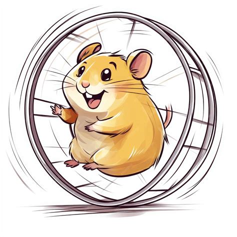 A cartoon hamster with big eyes and a smile running on a hamster wheel ...