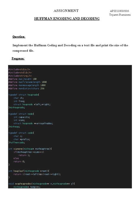 DAA - ASSIGNMENT AP2211 0010916 Tejaswi Ramineni HUFFMAN ENCODING AND ...