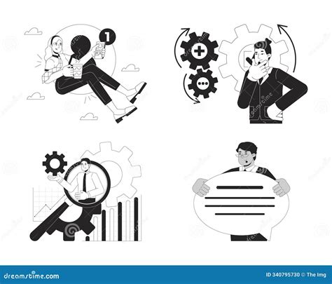 Digital Business Processes Management Black and White 2D Concepts Set Stock Illustration ...