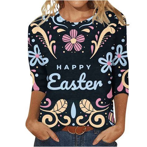 Women's Easter Shirts Bunny Print 3/4 Sleeve Tops Easter Eggs Crew Neck ...