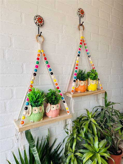 Natural Wood Colorful Beaded Shelf | With Ceramic Planters and Hook ...