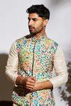 Buy Beige Silk Printed Bundi For Men by Sva By Sonam & Paras Modi ...