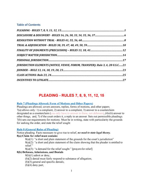 Outline Final civ pro - Table of Contents PLEADING - RULES 7, 8, 9, 11 ...