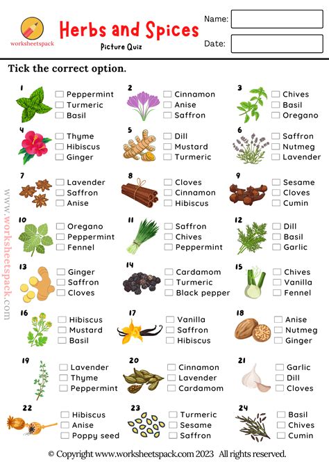 Herbs and Spices Quiz for ESL Kids - worksheetspack