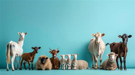 A group of cows and sheep lined up and looking at the camera against a ...