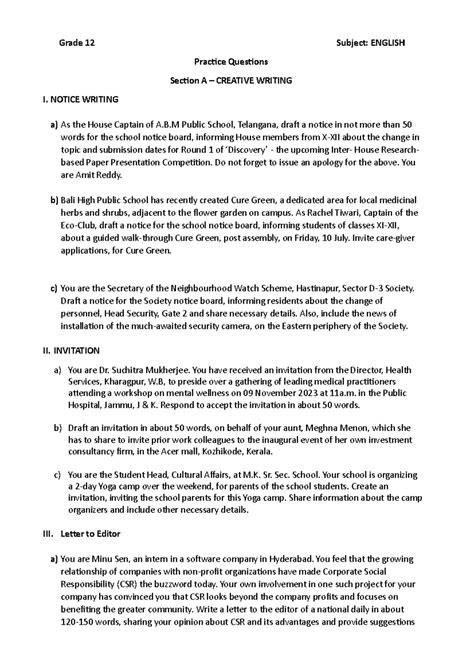 Grade 12 - English Question Bank - Holiday Homework - Grade 12 Subject ...