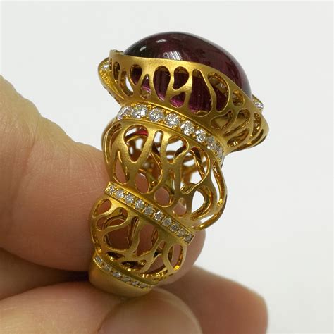 Rubellite 11.07 Carat Diamonds 18 Karat Yellow Gold Coral Reef Ring For ...