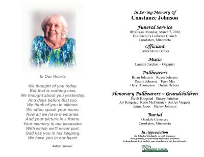 Constance Johnson Obituary March 3, 2016 - Stenshoel-Houske Funeral ...