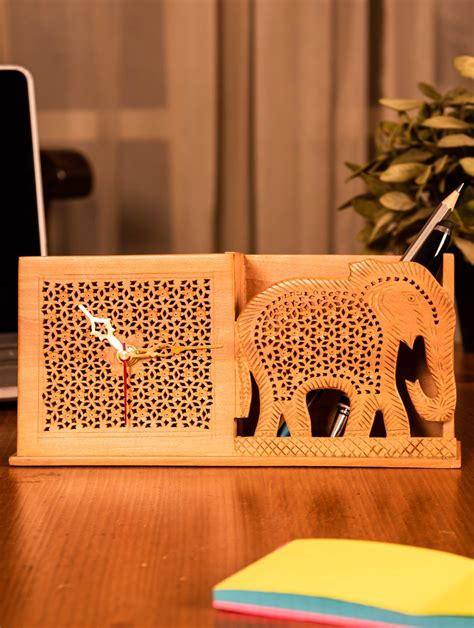 Buy Wooden Jaali Elephant Stationery Stand & Clock Online