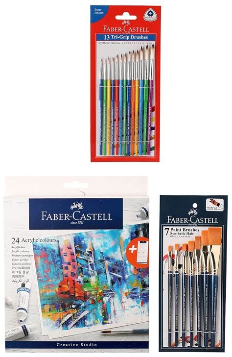 Faber-Castell Wood Acrylic Colours 9Ml Set Of 24 & Paint Brush Set ...