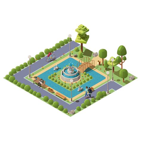 A brick factory stands in front of a park, with open green space, a reflecting pool, and benches
