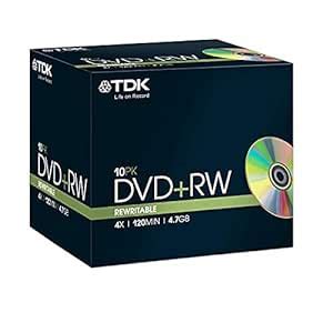 TDK Blank DVD+RW 4.7GB Disc Jewel Case 4X Speed DVD Rewritable (Pack of ...