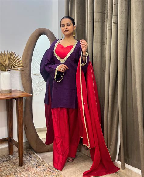 Aabroo Purple Red Farsh Kurta Set – 3 Piece Set – Rare Threads by Naina
