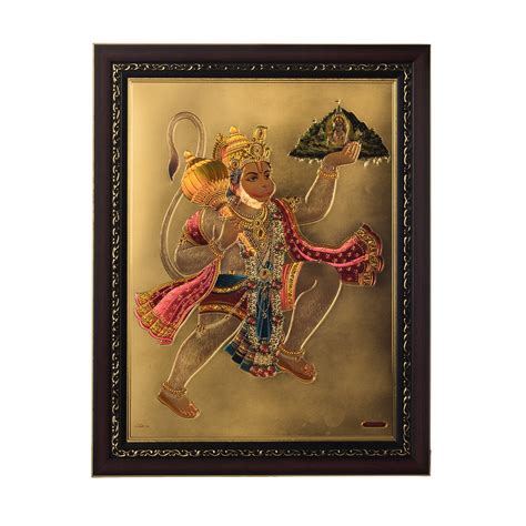 eCraftIndia Flying Hanuman Framed Synthetic Wood Laminated Golden Foil ...