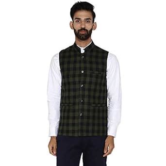 Buy ESSENTIELE Men's Olive And Black Gingham Check Bandhgala Ethnic ...