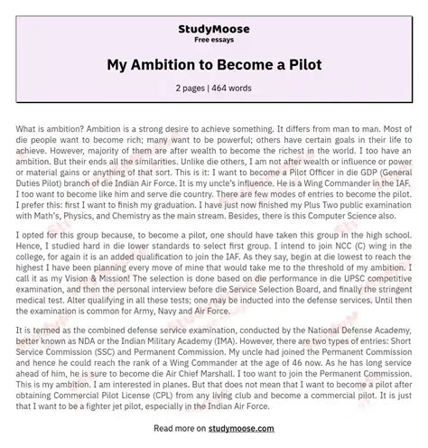 My Ambition to Become a Pilot Free Essay Example