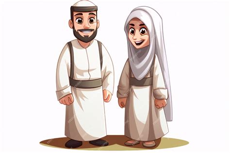 Cartoon moslim man en vrouw die ihram kleding generatieve ai dragen ...