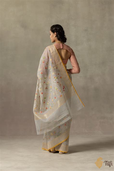 Pre-Order: 'Jayati' Light Grey Pure Cotton Jamdani Real Zari Banarasi ...