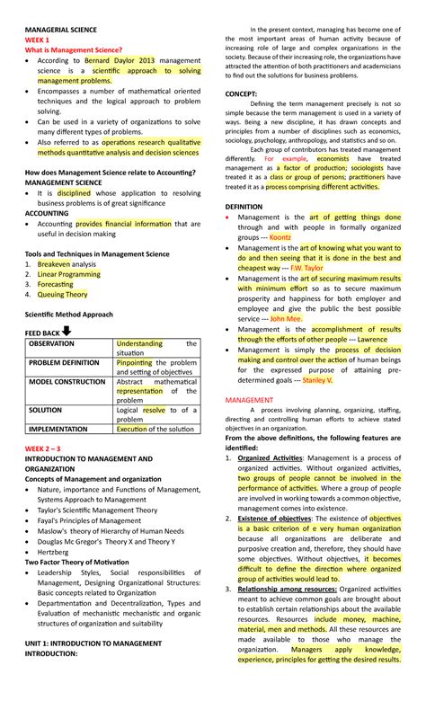 Managerial- Science- Reviewer - MANAGERIAL SCIENCE WEEK 1 What is Management Science? According ...
