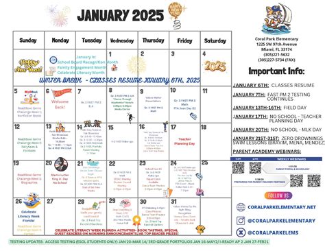 Monthly Activities Calendar – Coral Park Elementary
