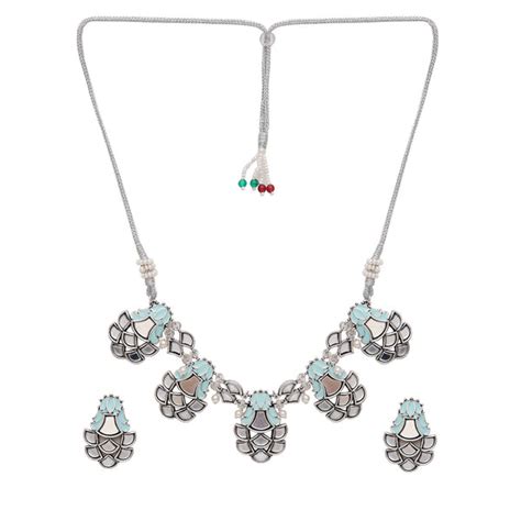 Festive Hues Floral Motifs Enamelled Mirror Details Silver Plated Jewe ...