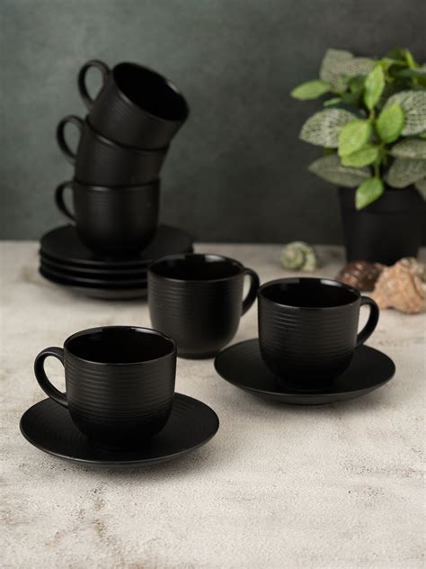 Horizon Pebble Black Ceramic Tea Cup and Saucer Set of 12 – Clay Craft ...