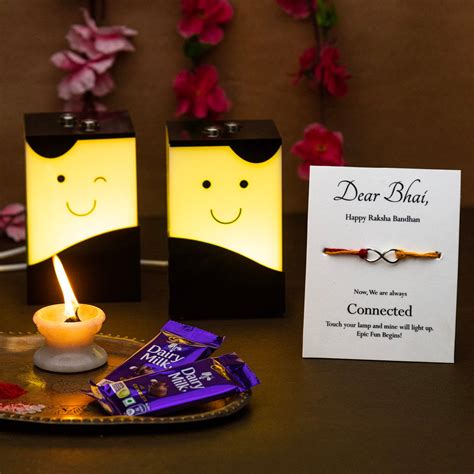 Telepathy Lamps - Stay Connected Rakhi Gift - 2 lamps + rakhi + chocol ...
