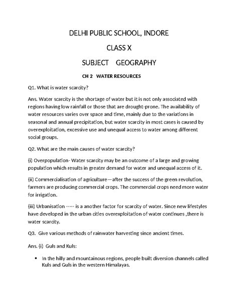 Cl10 Geo Water resources - DELHI PUBLIC SCHOOL, INDORE CLASS X SUBJECT ...
