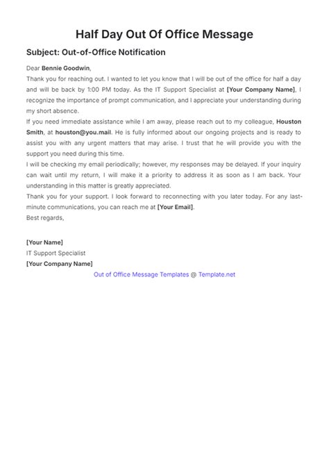 Free Half Day Out of Office Message Template to Edit Online
