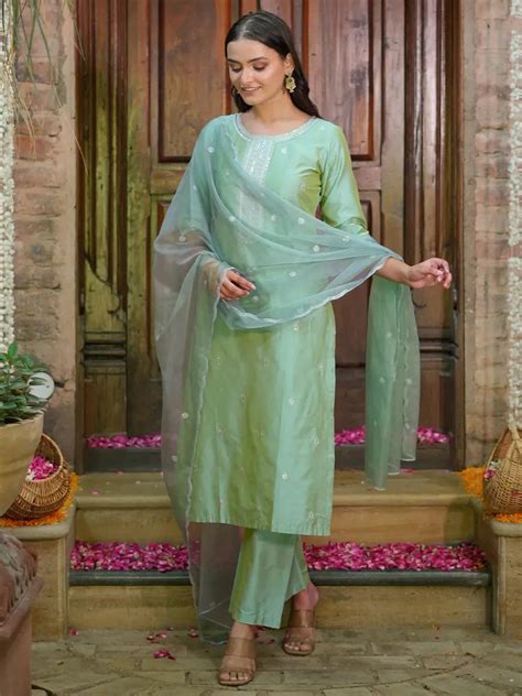 Buy Light Green Embroidered Silk Blend Straight Suit With Dupatta ...