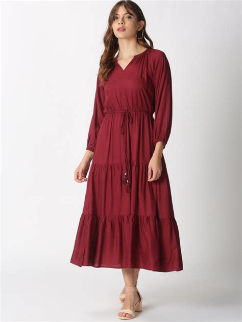 Wine Boho Tiered Midi Dress with Hand-Braided Waist Belt – Saffron Threads
