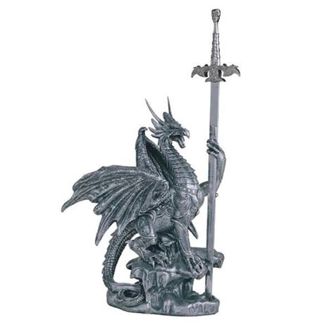 Buy 13 in. H Medieval Silver Dragon with Armor and Sword Guardian ...