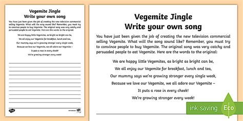 Rewrite the Vegemite song Worksheet / Worksheet - Twinkl