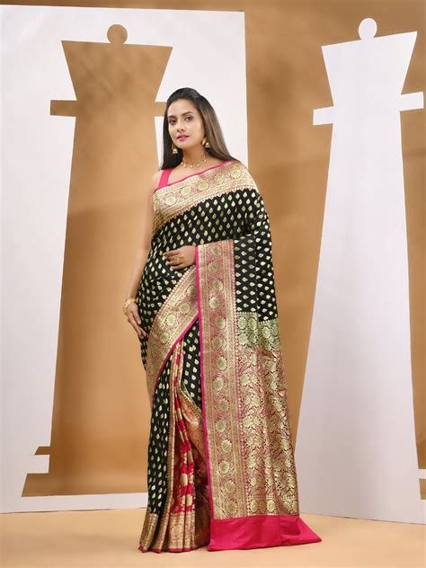 Black Katan Silk Banarasi Saree With Ethnic Motifs And Woven Designs ...