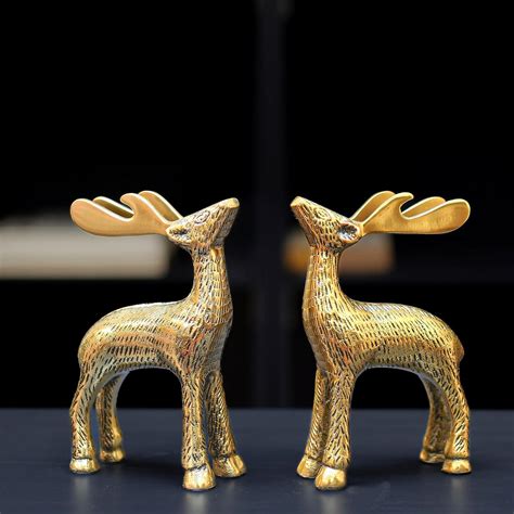 Buy BEHOMA Antique Golden Aluminium Christmas Reindeer Figurine Statue ...