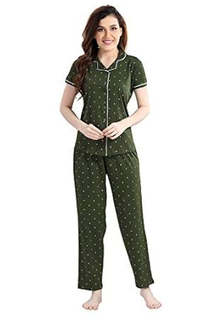 Buy AV2 Women Cotton Heart Printed Top & Pyjama Nighsuit Set Olive ...