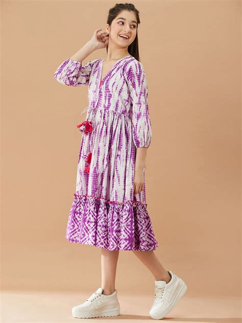 Shop Girls Tie And Dye Cotton A-Line Midi Dress (IW-PURPLESHIBORI) Online