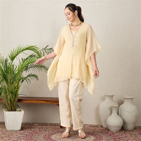 Cream Scattered Sequin Kaftan Top with Pants Set – First Resort by ...