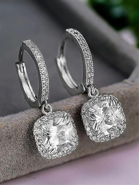 Silver Square CZ Halo Drop Hoop Earrings – Peora