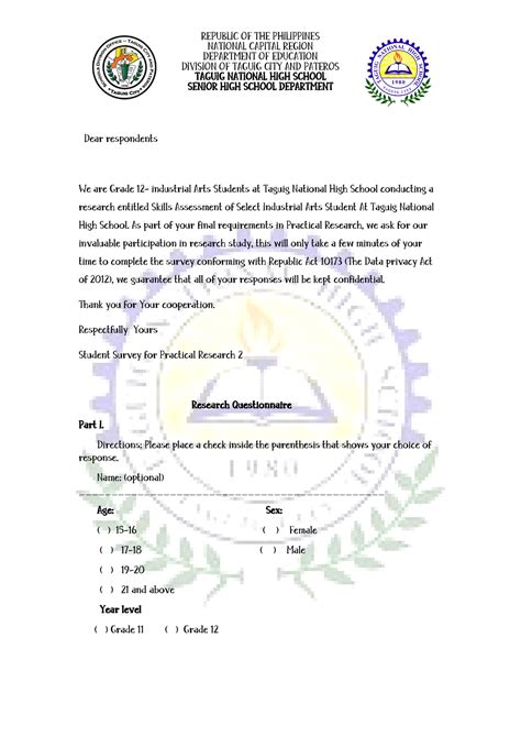 Questionnaire/Survey - DEPARTMENT OF EDUCATIONNATIONAL CAPITAL REGION ...