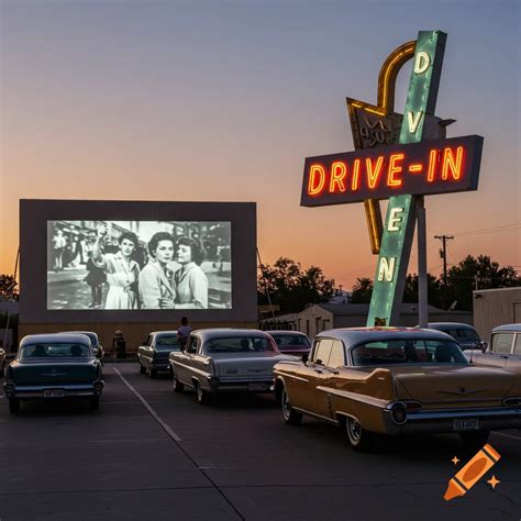 Vintage drive-in movie theater with classic cars watching a movie on a ...