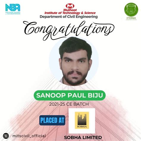Sanoop Paul Biju from 2021-2025 Batch has Placed at Shobha Limited.
