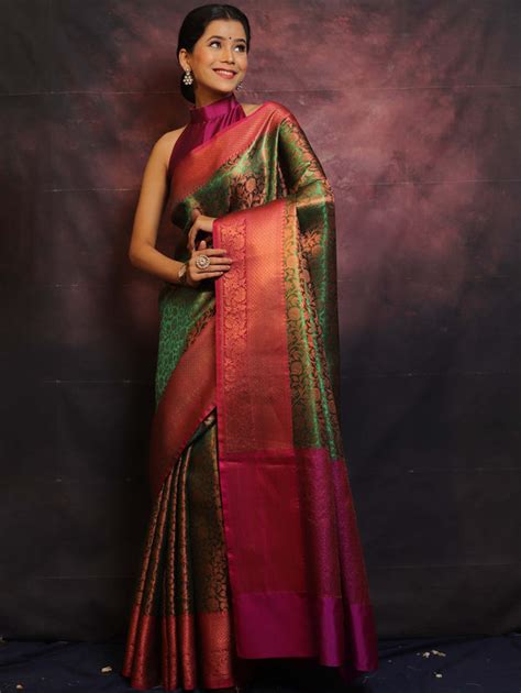 Banarasee Handwoven Broad Border Zari Jaal Design Tissue Saree-Green