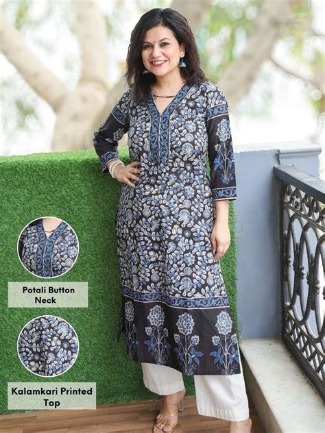 Pankhudi Navy Black Potli Button Neck Work Kalamkari Floral Printed Co ...