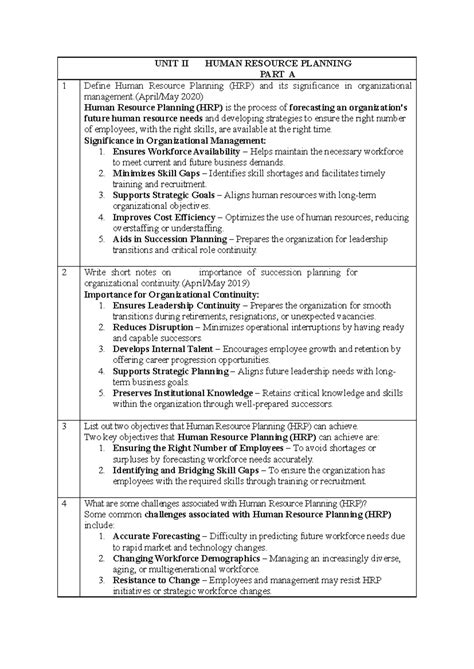 UNIT II - Human Resource Planning: Key Concepts and Significance - Studocu