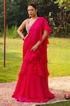 Buy Pink Satin, Organza, Chiffon Sitara Frilled Pre-draped Saree With ...