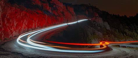 Download wallpaper 2560x1080 night, mountains, road, turn, backlight ...