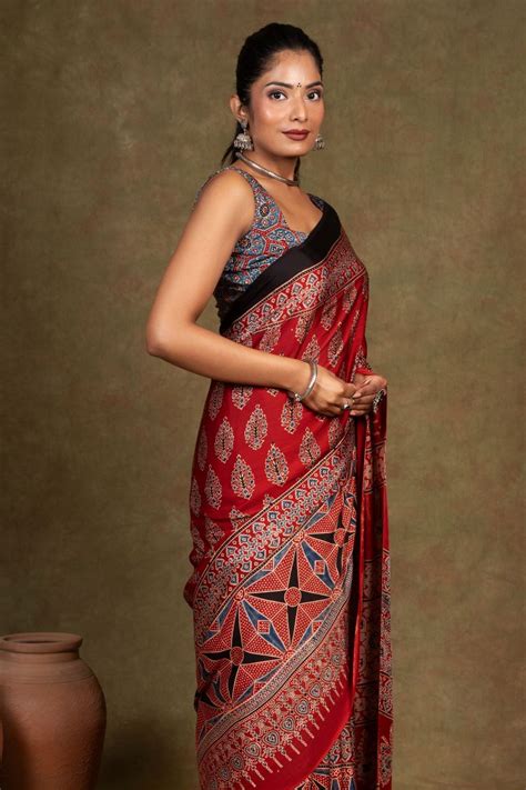Red Flora Rombii Modal Silk Ajrakh Saree - House Of Elegance – House Of ...